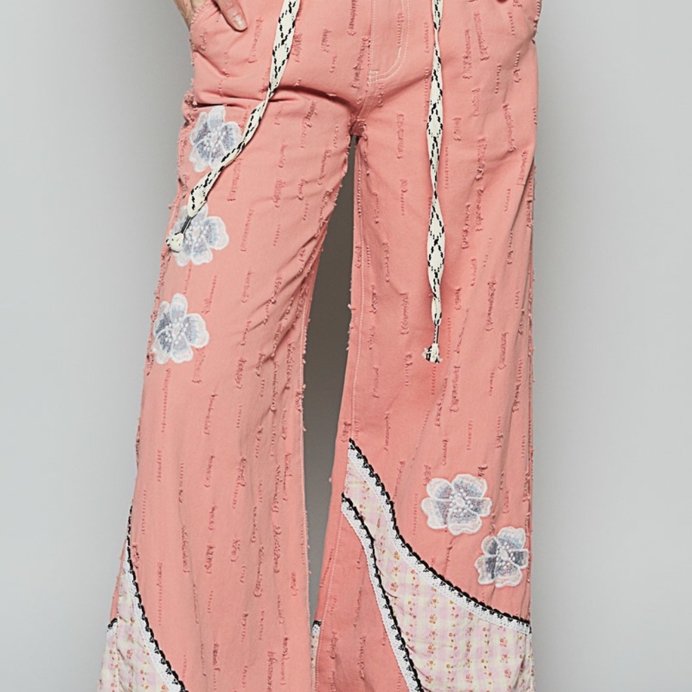 New POL Floral Patchwork Embroidered Drawstring Jeans Relaxed Fit Pants Pink - Picture 3 of 11